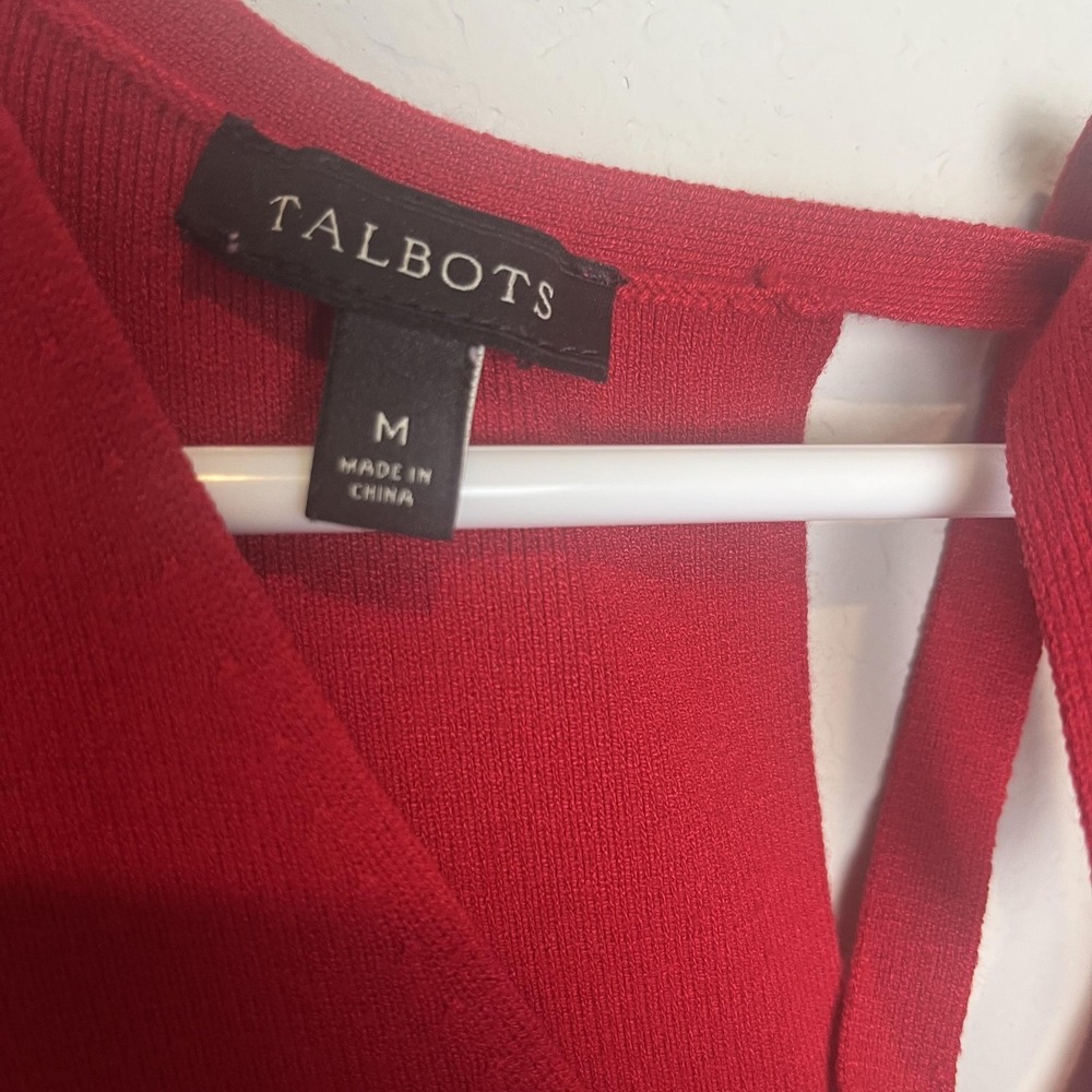 Talbots Dress Womens M Red Knit V Neck Short Sleeve Fit & Flare Pleated - Picture 2 of 7